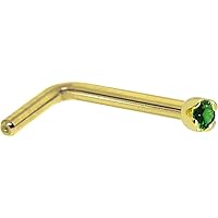Body Candy Solid 14k Yellow Gold 1.5mm Genuine Emerald L Shaped Nose Stud Ring 18 Gauge 1/4