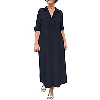 Fall Dresses for Women Solid Long Sleeve V Neck Collared Dress Casual Side Split Button Down Shirts Dress with Pockets