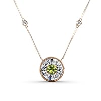 Round Peridot Baguette & Natural Diamond 1/2 ctw Women Milgrain Halo Pendant Necklace Natural Diamond Stations. Included 17 Inches Chain 14K Gold