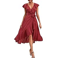 Summer Dresses for Women 2024 Casual Solid Short Sleeve Wrap Ruffled V Neck Belted Flowy High-Low Sundress