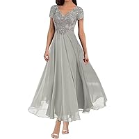 Mother of The Bride Dresses Tea Length Lace Appliques Chiffon Short Sleeve V Neck Formal Evening Dresses for Women