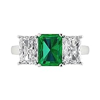 Clara Pucci 3.97ct Emerald Cut 3 Stone Solitaire with Accent Simulated Green Emerald designer Modern Statement Ring Solid 14k White Gold