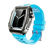 Retrofit Kit Strap for Apple Watch Band 45mm 44mm Rubber Silicone Strap+Stainless Steel Kit Cover for iWatch Series 8 7 6 5 4 SE (Color : Blue-Black-Black, Size : 44MM)