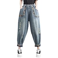 Spring Harem Jeans Ankle-Length Loose Pockets Holes Ripped Denim Boyfriend for Women Embroidery Floral