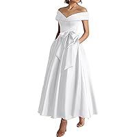 A-Line Elegant Wedding Guest Dress Tea Length Short Sleeve Off Shoulder Cocktail Dress Satin with Bow(s) 2024