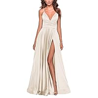 Elegant Long Bridesmaid Dresses for Women with Slit V-Neck Pleated Formal Dress with Train Satin Prom Evening Gowns