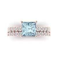 Clara Pucci 2.66ct Princess Cut Solitaire Genuine Natural Aquamarine Engagement Promise Anniversary Bridal Ring Band set 18K Rose Gold