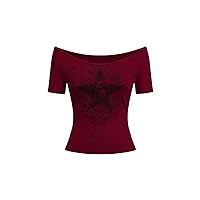 SOLY HUX Women's Y2k Graphic Tees Crop Tops Star Print Off Shoulder Short Sleeve T Shirts