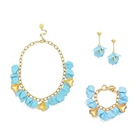 ZENZII 3 Pieces Gold Flower Petal Jewelry Set for Women in Light Blue: Earrings, Bracelet, Necklace