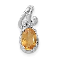 925 Sterling Silver Polished Prong set Open back Rhodium Plated Diamond and Citrine Oval Pendant Necklace Jewelry for Women