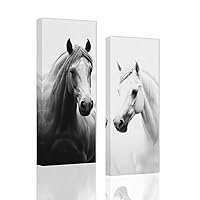 ZXHYWYM Black and White Horse Wall Art Set of 2 Wild Horse Pictures Horses Portrait Canvas Painting Farmhouse Animal Wall Print Home Decor Frame (16