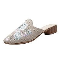 Summer Women Pointed Toe Mesh Slippers Embroidery Pearls Low Heeled Mules For Ladies Vintage Backless Sandals