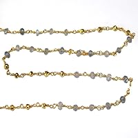 Labradorite & Pyrite Faceted Rondelle Gemstone Beaded Rosary Chain by Foot For Jewelry Making - 24K Gold Plated Over Silver Handmade Beaded Chain Connectors - Wire Wrapped Bead Chain Necklaces