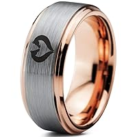 Horse Love Heart Shaped Equestrian Horses Ring - Tungsten Band 8mm - Men - Women - 18k Rose Gold Step Bevel Edge - Yellow - Grey - Blue - Black - Brushed - Polished - Wedding - Gift Dome Flat Cut