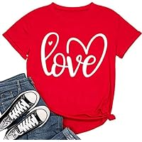 Women Valentine's Day Love Heart-Shaped Printed T Shirt Cute Graphic Tops Tee Gifts for Her Spring Shirt