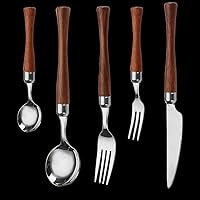 Wooden Silverware Cutlery Set for 12 Brown Wood Handle 18/8 (304) Stainless Steel Wooden Knifes Forks Spoons Reusable Utensils Tableware Set for Home Kitchen Hotel Restaurant Mirror Polished