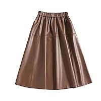 Women Leather Skirt Female Elastic Waist Pleated Mid-Length Skirt