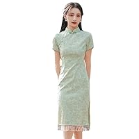 Summer Women Embroidered Cheongsam,Handmade Stand-up Collar Buckle Short-Sleeved Improved Slim lace Cheongsam Dress.
