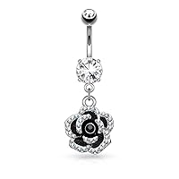Pave Crystal Set Petals on Black Flower Dangle 316L Surgical Steel Belly Button WildKlass Navel Rings (Sold by Piece)