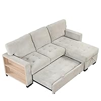 CHCDP Functional Light Chaise Sectional with Storage Rack Pull-Out Bed Drop Down Table and USB Charger，Light Gray