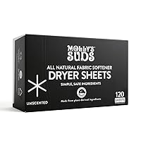 Molly's Suds Fabric Softener Dryer Sheets for Sensitive Skin | Plant-Based Static Reducer, Plastic-Free Packaging | Unscented (120 Sheets)
