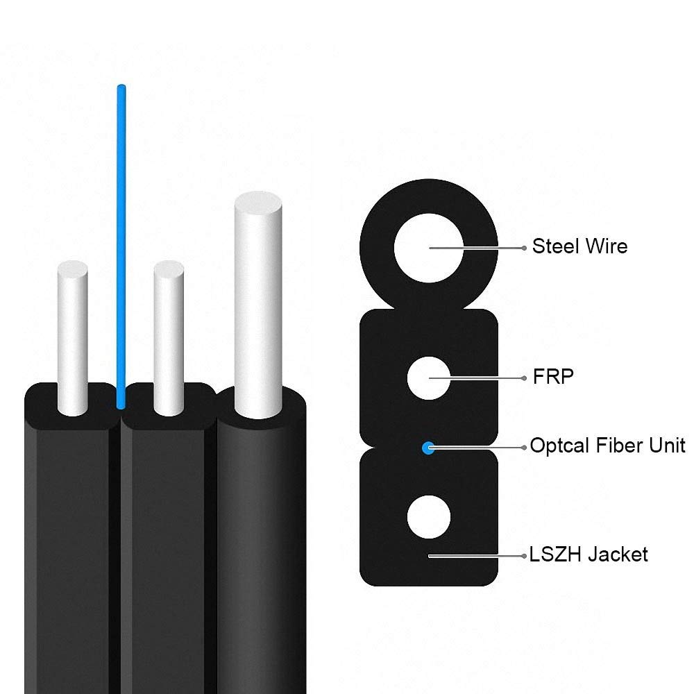 Etayson FTTH Outdoor Optical Fiber Drop Cable,G657A1,1 Core Single Mode,LSZH Black Jacket,1 Steel Wire+2 FRP Strength Member,1000 Meters/Roll