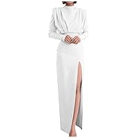 Womens Elegant Cocktail Dresses 2024 High Neck Long Sleeve Slit Maxi Wedding Guest Dresses Modest Formal Evening Dress