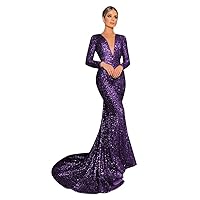 V Neck Long Sleeve Sequin Prom Dress for Women 2024 Mermaid Long Tight Sparkle Formal Evening Party Dress