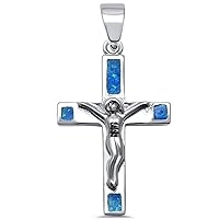 14206 Sterling Silver Silver & Lab Created Blue Opal Jesus Crucifix Cross Pendant