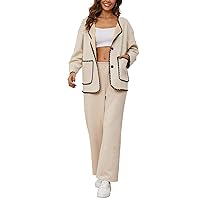 Womens 2 Piece Outfits Button Down Loungewear Set Wide Leg Elastic Waistbands Long Pants Sets Matching Sweatsuit