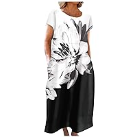 Casual Short Sleeve Maxi Dress Trendy Casual Long Beach Dress Plus Size Summer Elegant Smocked Flowy Long Dress