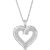 Baguette & Round Cut Cubic Zirconia Multi-Row Heart Pendant For Womens & Girls 14k White Gold Plated 925 Sterling Silver.
