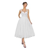 Maxianever Plus Size Lace Tulle Long Prom Dresses Spaghetti Straps Flower Women’s Wedding Gowns Tea Length Corset White US26W