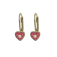 Gold Finish Hot Pink Enamel Crystals Heart Girls Earrings