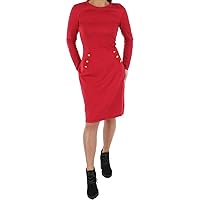DKNY Womens Stretch Ribbed Button Detail Sweater Long Sleeve Crew Neck Above The Knee Party Sweater Dress