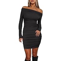 Womens Off Shoulder Ruched Long Sleeve Bodycon Dress Slim Club Party Mini Short Dresses Casual Night Out Pencil Dress