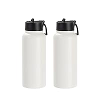 PYD Life Sublimation Blanks Water Bottles Matte White Powder Coating 32 OZ Large Capacity Sports Stainless Steel Bottles with Sippy Up Lid and Straw for Tumbler Heat Press 2 Pack