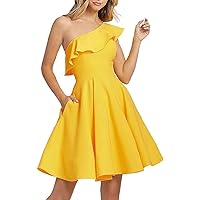Women's Satin Homecoming Dresses Short One Shoulder Formal Evening Gown Ruffle Flounce Flare Cocktail Dress