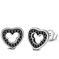 Lovely Heart Mickey Mouse 14K Two Tone Gold Over 925 Sterling Sliver With Fashion Round Cut Black Cubic Zirconia Stud Earring For Teen Girls and Women's Valentine's Day Gift,Birthday Gifts