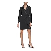 Vince Camuto Womens Black Zippered Tie Pleated Satin Crepe Cuffed Sleeve Surplice Neckline Short Formal Faux Wrap Dress Petites 2P