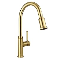 Lava Odoro Brushed Gold Kitchen Faucet with Pull Down Sprayer, Single Handle Gold Kitchen Sink Faucet, Brushed Brass Faucet for Kitchen Sink 1 Hole and 3 Hole, Deck Plate Included, KF421-SG