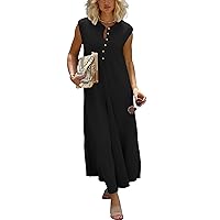 Jumpers for Women Casual Summer Loose Sleeveless Button Down Romper Wide Leg Jumpsuit with Pockets