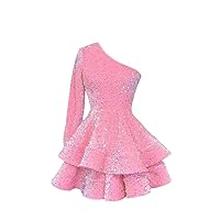 Women's Short One Shoulder Sequin Homecoming Dresses Sparkly Layered Long Sleeve Cocktail Gowns R065