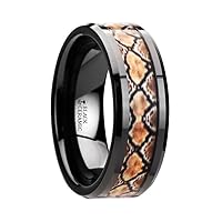 BASILISK Black Ceramic Wedding Ring with Boa Snake Skin Design Inlay - 8mm