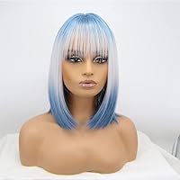 Wigs Ombre Blonde White Wig with Air Bangs Hair Blue/Blonde/Blue Short Bob Wigs Synthetic Straight Heat Resistant Fiber Full Machine Made Wigs for Women, Drag Queen Cosplay