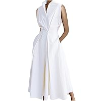 Women Button Waist-Defined Wrap V Neck A-Line Dress Summer Sleevless High Waist Lapel Dressy Solid Casual Dresses