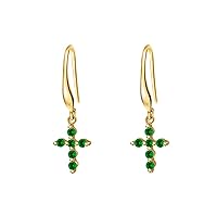 New Simple 14k Gold Over .925 Sterling Silver Cross Charm Green Emerald Hook Dangle Drop Earrings For Women Lady