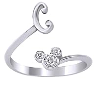 Mickey Mouse & Initial C Adjustable Toe Ring 0.10 Ct Round CZ Diamond In 14K White Gold Plated