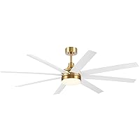 65 Inch Gold and White Ceiling Fans with LED Lights Remote Control, Modern Industrial Ceiling Fan, Reversible DC Motor, 8 Blades, LED Ceiling Light Chandelier for Bedroom