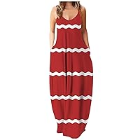 Maxi Dresses for Women 2024 Strappy V Neck Sleeveless Color Block Striped Boho Cami Long Beach Sundress with Pockets